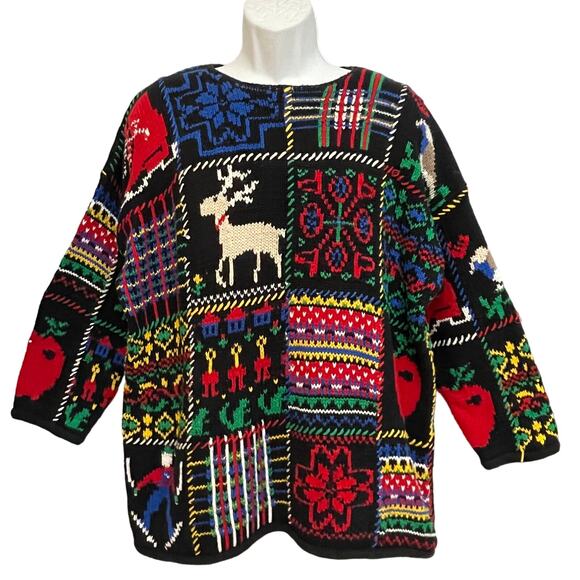 VINTAGE 80s Lizwear By Liz Claiborne Busy Blocks Ugly Christmas Sweater Size S/M - Picture 1 of 3